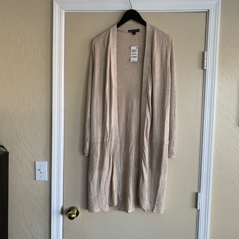 INC International Concepts Rib Slit Cardigan Duster Sweater Sz.M Heather Oatmeal